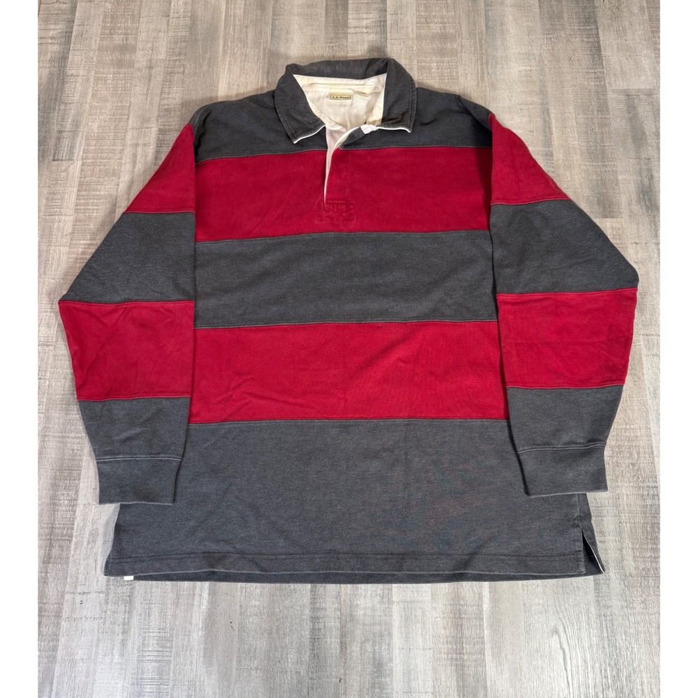 Vintage LL Bean Rugby Shirt Mens XL Long Sleeve Chunky Striped Gray Red Jersey